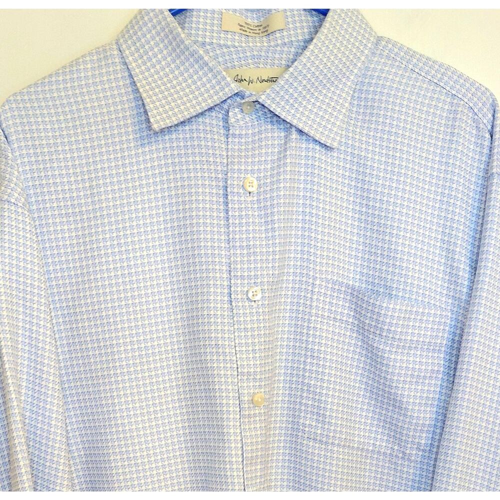 John W. Nordstrom Men's Dress Shirt 18-34 Blue White Micro Check Italian Fabric